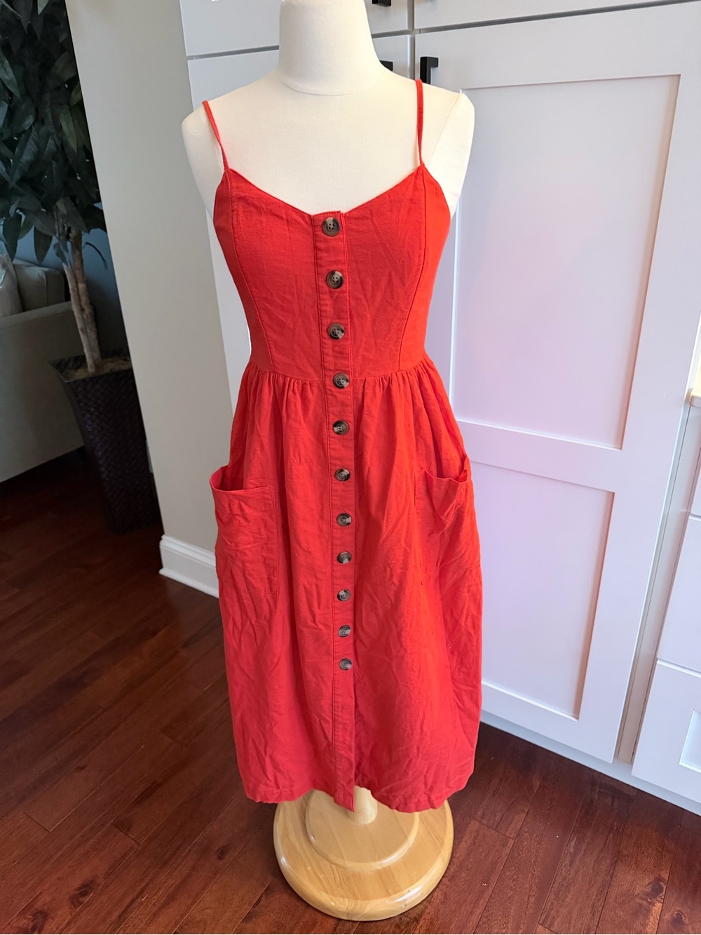 American Eagle Vibrant Red Midi Button Up Linen Blend Sweetheart Dress XS